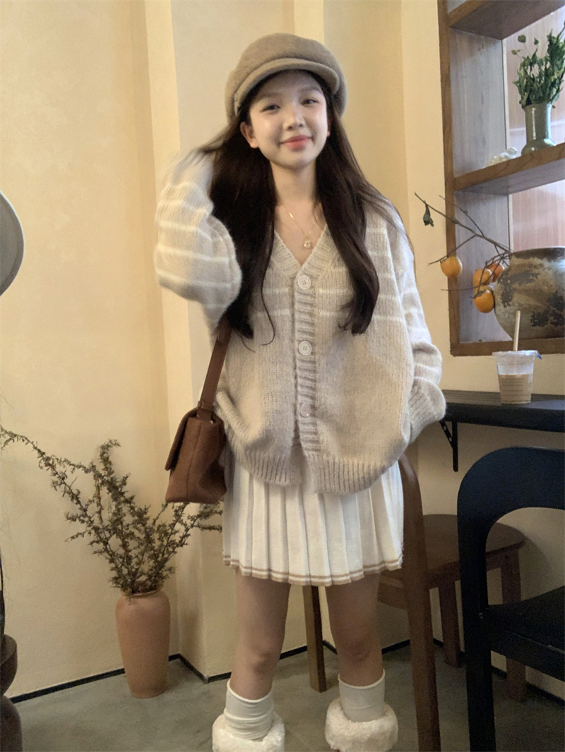 實拍  溫柔慵懶條紋毛衣開衫