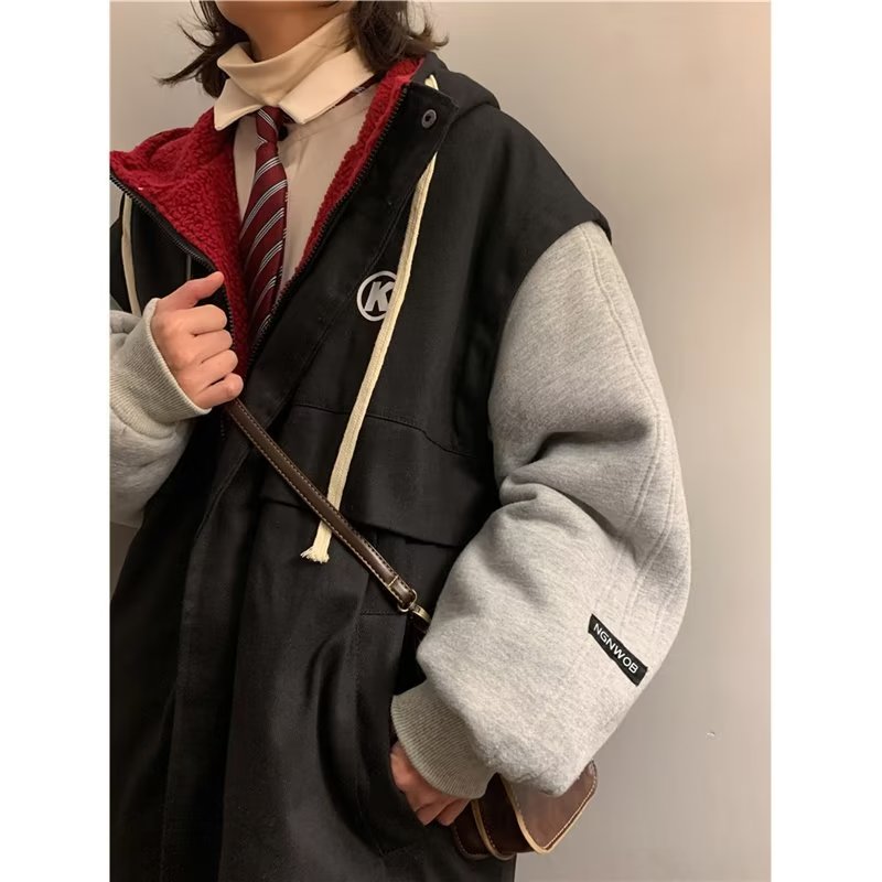 羊羔絨外套男女連帽秋冬季加厚港風棉衣潮牌百搭寬鬆假兩件棉服