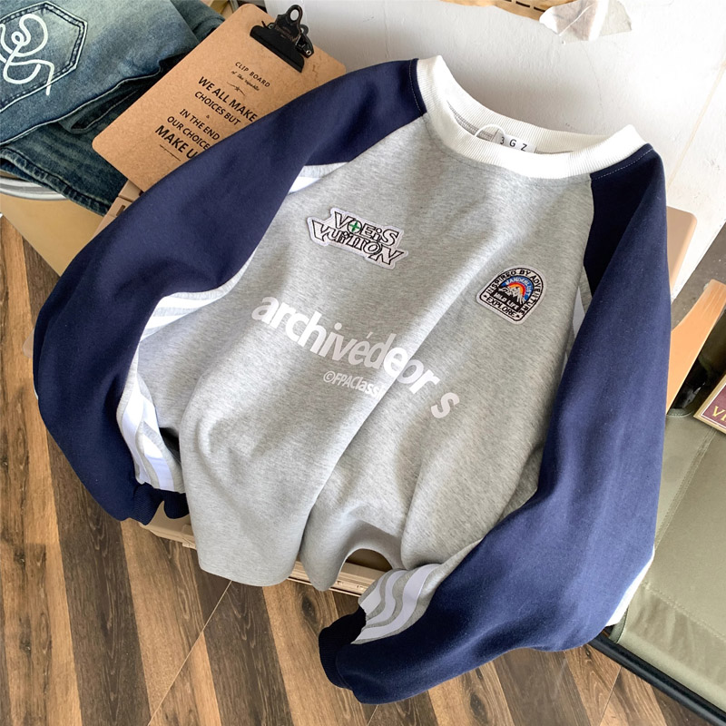 American contrasting color pullover round neck letter print loose 2023 autumn and winter slimming raglan sleeve sweatshirt