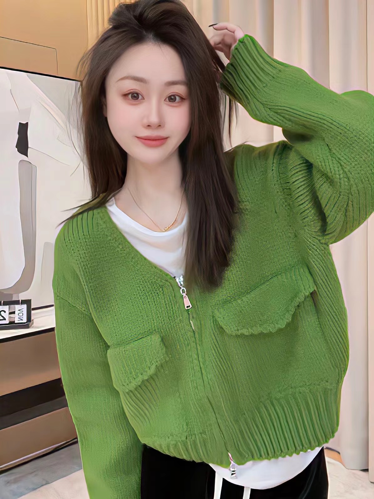 歐貨雙口袋V領短款針織開衫女秋冬時尚慵懶風百搭減齡毛衣外套潮