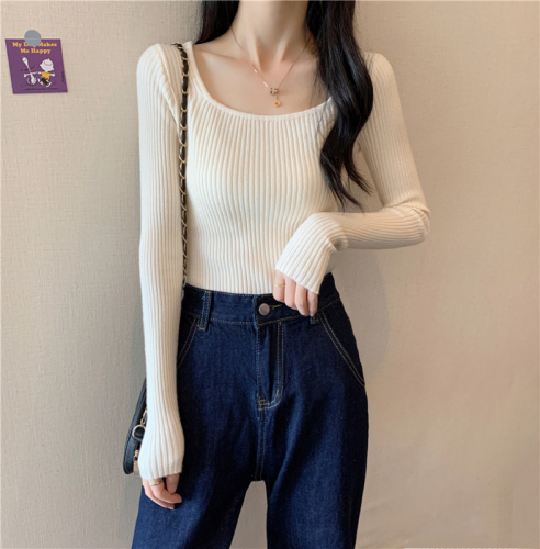 Core Spun Yarn#Real Shot New Square Neck Bottoming Sweater Women's Spring and Autumn Slim Long Sleeves Inner Sweater