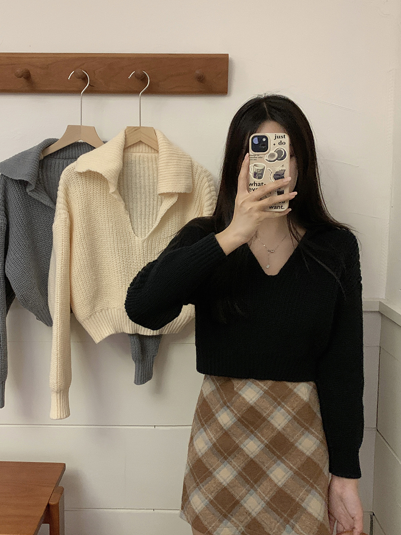 實拍 毛衣女新款慵懶風高級感翻領長袖寬鬆設計感針織衫