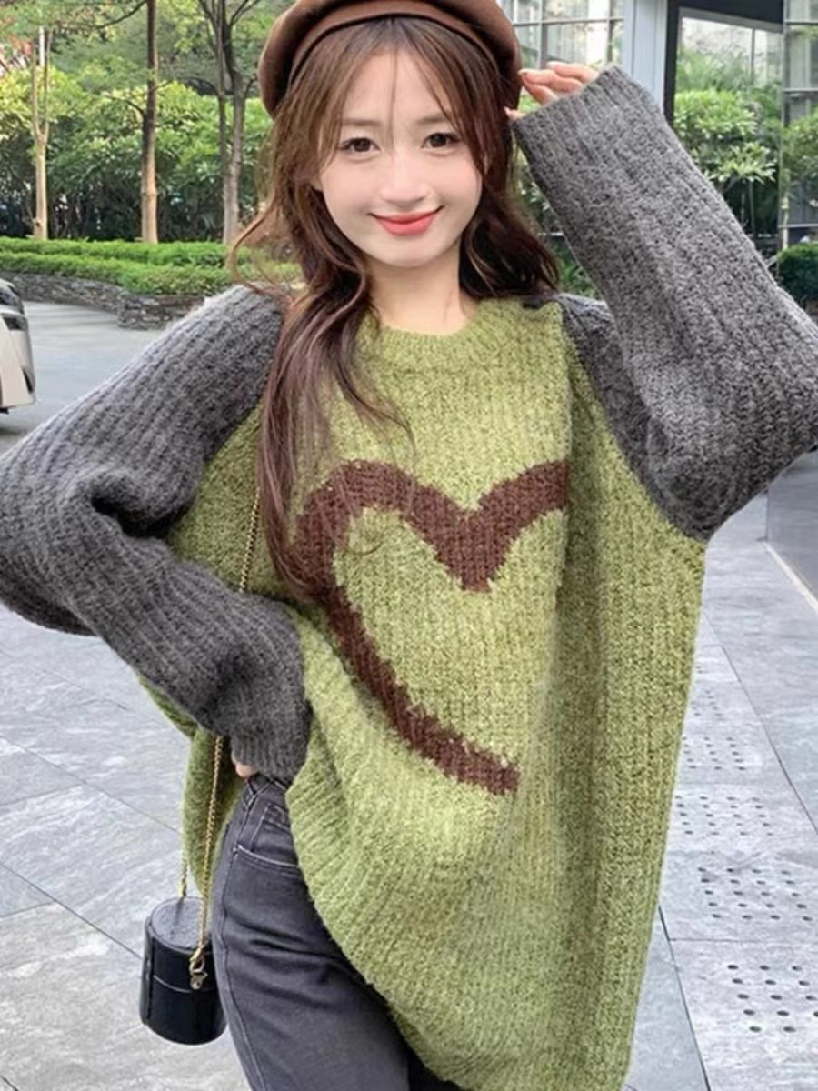 設計感愛心拼色加厚毛衣女秋冬寬鬆慵懶風中長款插肩袖針織衫上衣