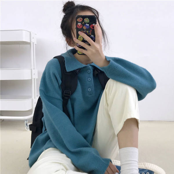 秋冬復古POLO領刺繡套頭毛衣女學生韓版寬鬆顯瘦慵懶風BF針織外套