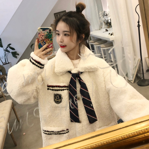 Free tie, imitation lamb wool jacket for women, new winter style college style sweatshirt, thickened loose cotton coat