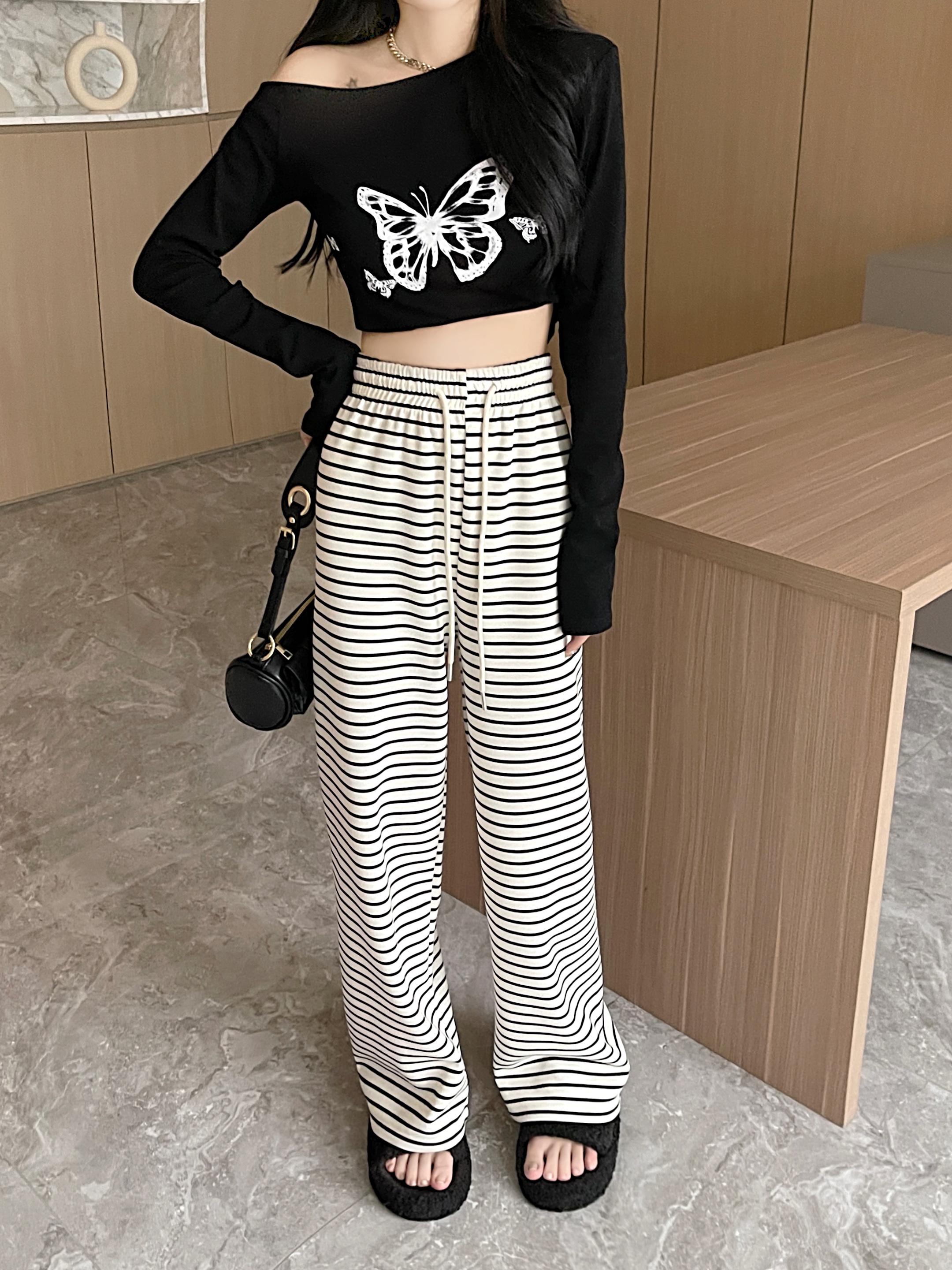休閒褲女2023新款秋季慵懶風垂感條紋闊腿褲子可外穿寬鬆睡褲長褲