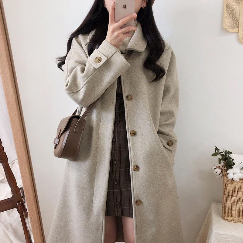 2023 new autumn and winter Korean style loose slimming thickened knee-length woolen coat large size woolen coat women's mid-length