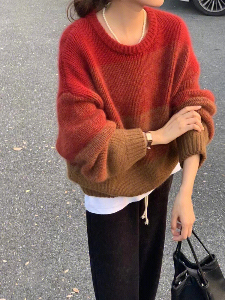 漸變樹莓色套頭毛衣女秋冬歐貨新款圓領軟糯浣熊絨羊毛針織衫冬季