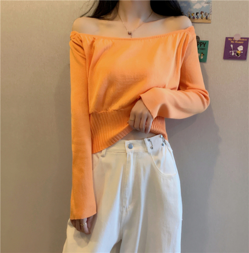 Bingsi#Real shots of spring and autumn niche design short tops for women with long-sleeved square collar bottoming sweaters