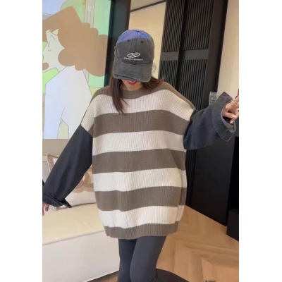 拼接牛仔袖寬鬆條紋圓領針織毛衣女時尚休閒長袖外搭套頭初秋上衣