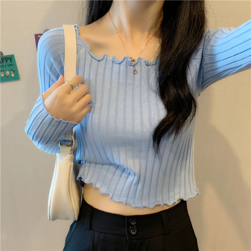 Bingsi#Real Shot  New Short Tops Slim Long Sleeve Bottoming Sweaters Women's Spring and Autumn Thin Style