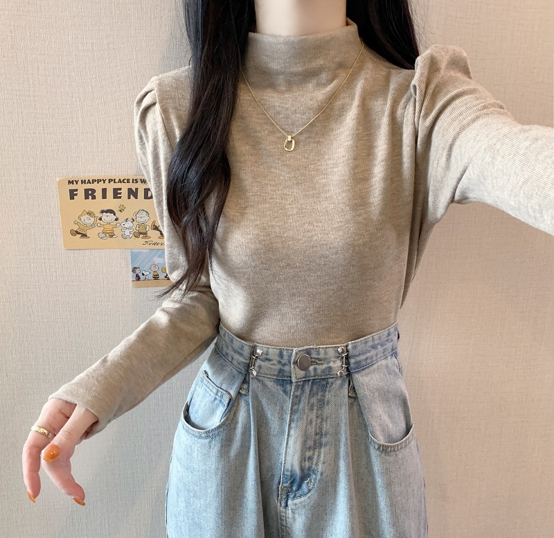 實拍半高領加絨加厚泡泡袖T恤打底衫女秋季洋氣修身顯瘦百搭上衣