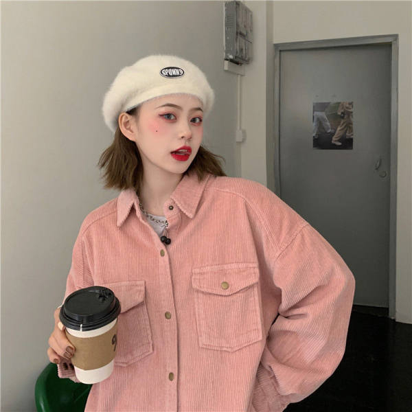 Autumn retro Hong Kong style corduroy cardigan jacket for female students Korean style loose slimming lazy style shirt top fashion