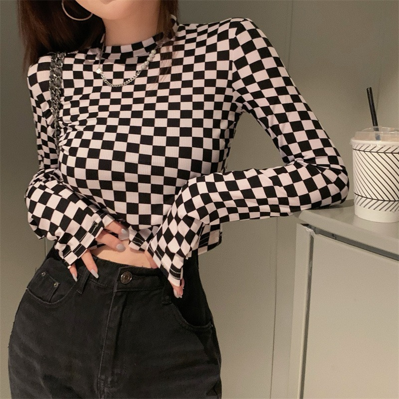 T-shirt with bottoming shirt for women spring and autumn 2023 new checkerboard pattern