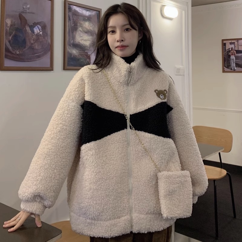 Imitation lamb wool plus velvet thickened cotton coat for women 2023 new winter loose stand-up collar warm cotton coat ins