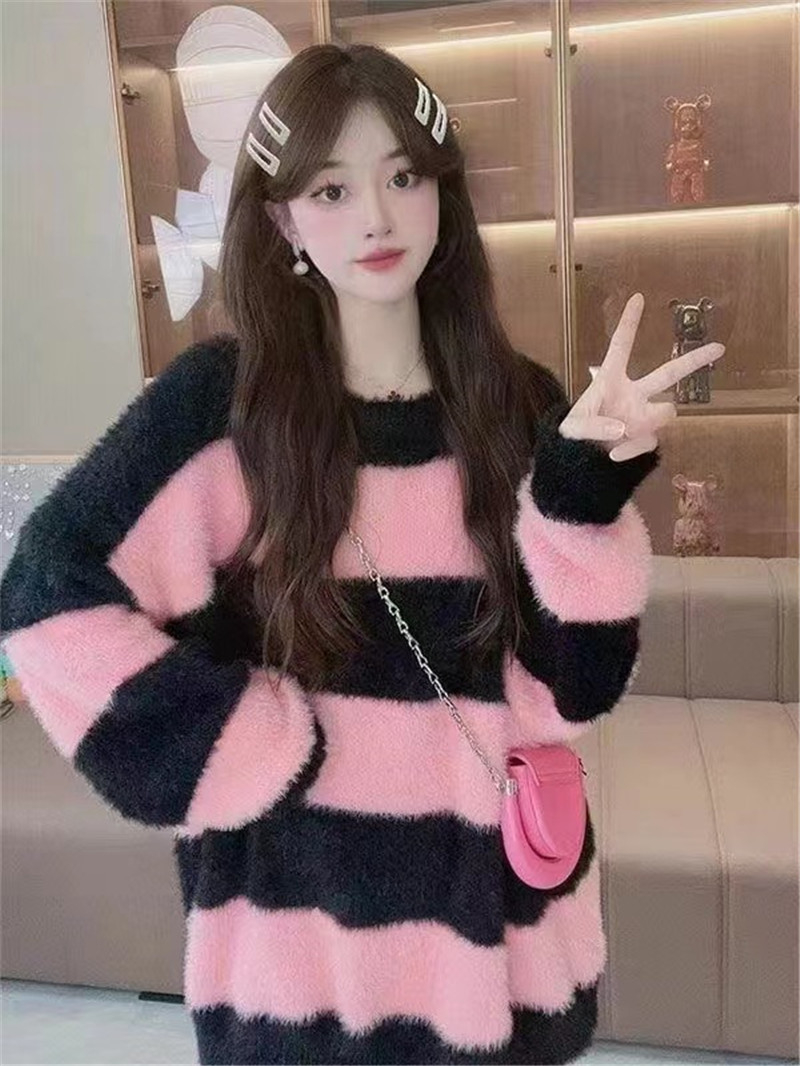 日系條紋圓領毛衣女ins寬鬆設計感小眾慵懶學院風針織上衣