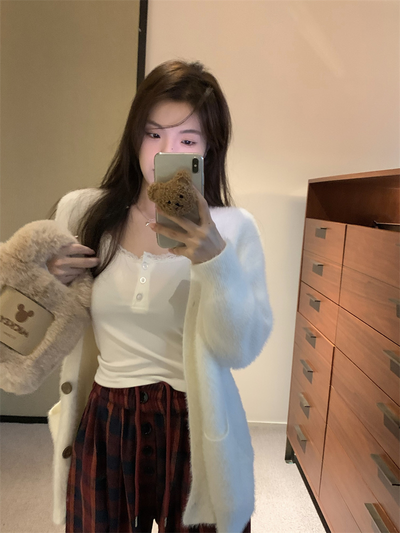 實拍 慵懶水貂毛毛衣外套開衫上衣寬鬆格子休閒長褲