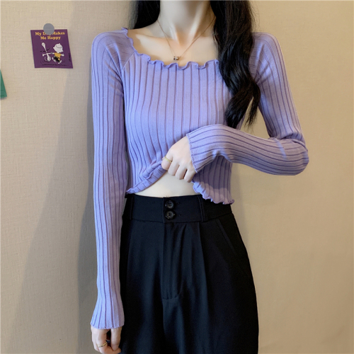 Bingsi#Real Shot  New Short Tops Slim Long Sleeve Bottoming Sweaters Women's Spring and Autumn Thin Style