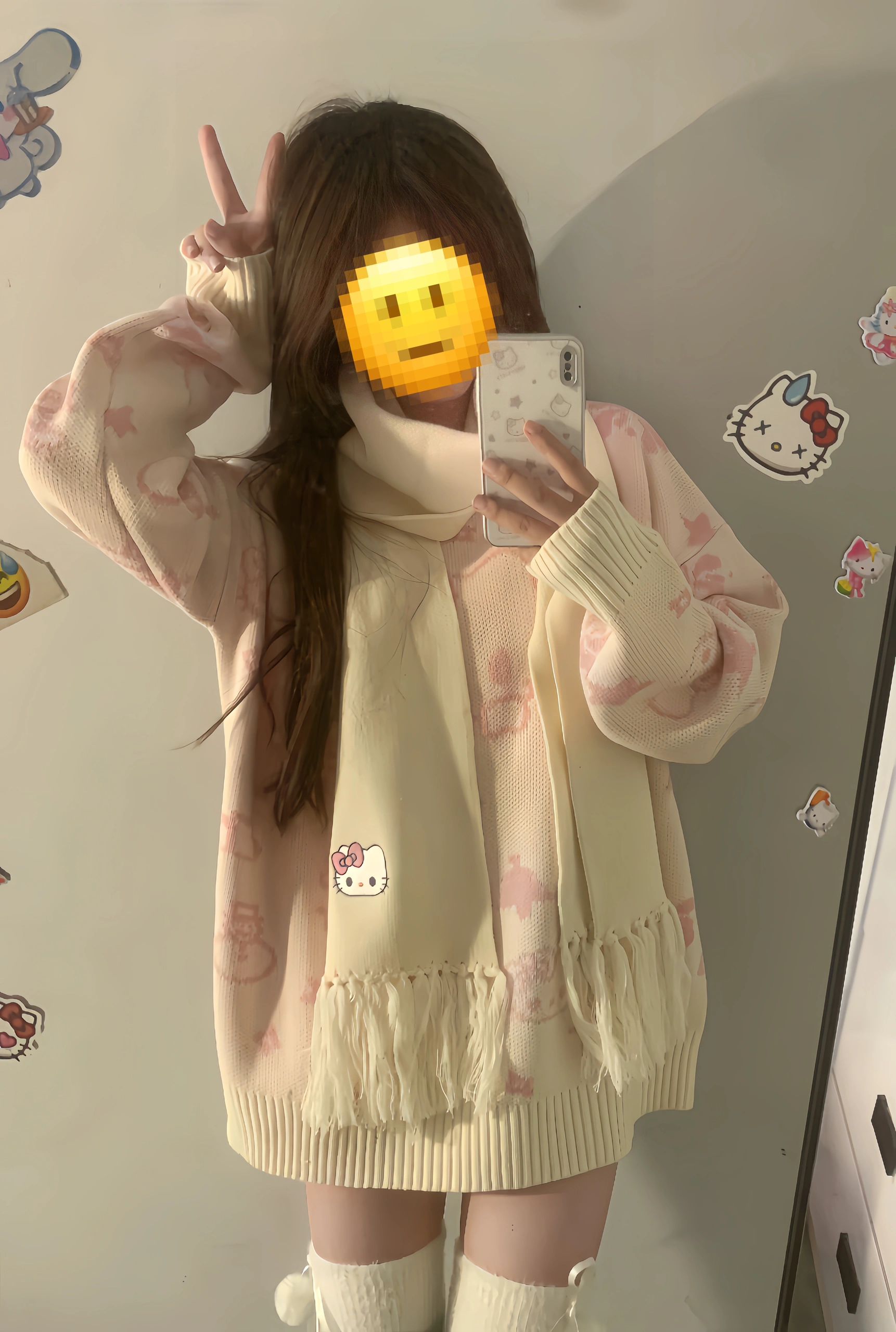 日系復古可愛卡通kitty貓圍巾毛衣女秋冬慵懶風軟糯針織衫上衣服