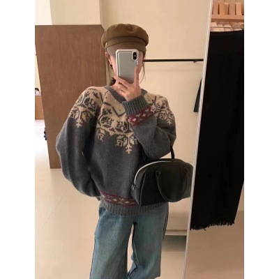復古歐貨漂亮混色上衣女秋冬小眾設計感軟糯慵懶風提花針織衫毛衣