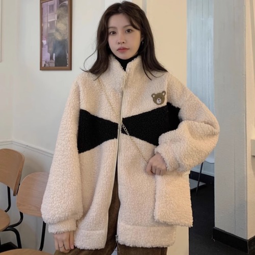 Imitation lamb wool plus velvet thickened cotton coat for women 2023 new winter loose stand-up collar warm cotton coat ins