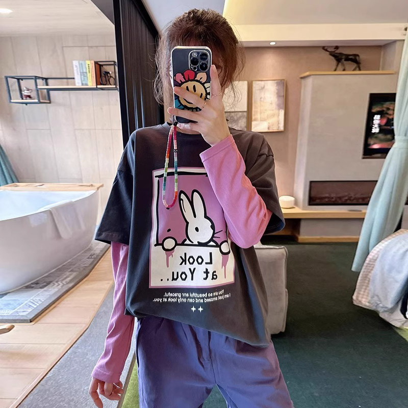 歐貨小眾設計感假兩件長袖t恤女早春新款中長款休閒插肩體恤上衣
