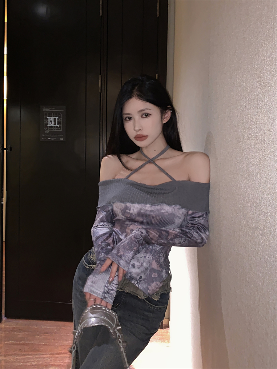 實拍 交叉綁帶一字肩荷葉領打底上衣女