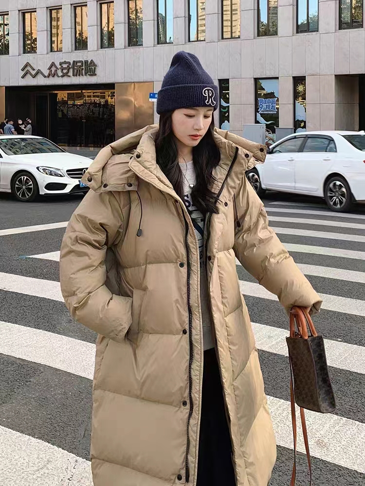 Khaki long hooded down jacket for women winter 2023 new high-end street stand-up collar trendy jacket