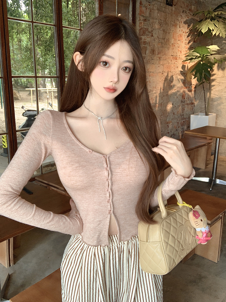 實拍 純欲v領紐扣tee秋冬顯瘦打底衫小眾白色長袖上衣