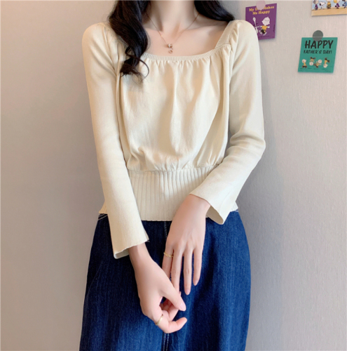 Bingsi#Real shots of spring and autumn niche design short tops for women with long-sleeved square collar bottoming sweaters