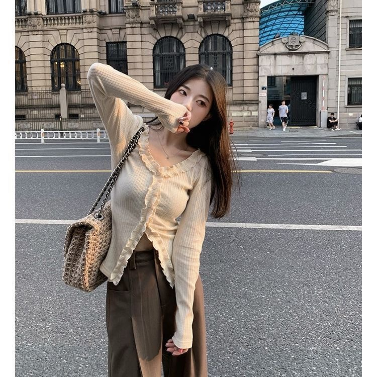春季新款法式氣質小香風木耳邊長袖純欲開衫洋氣上衣女