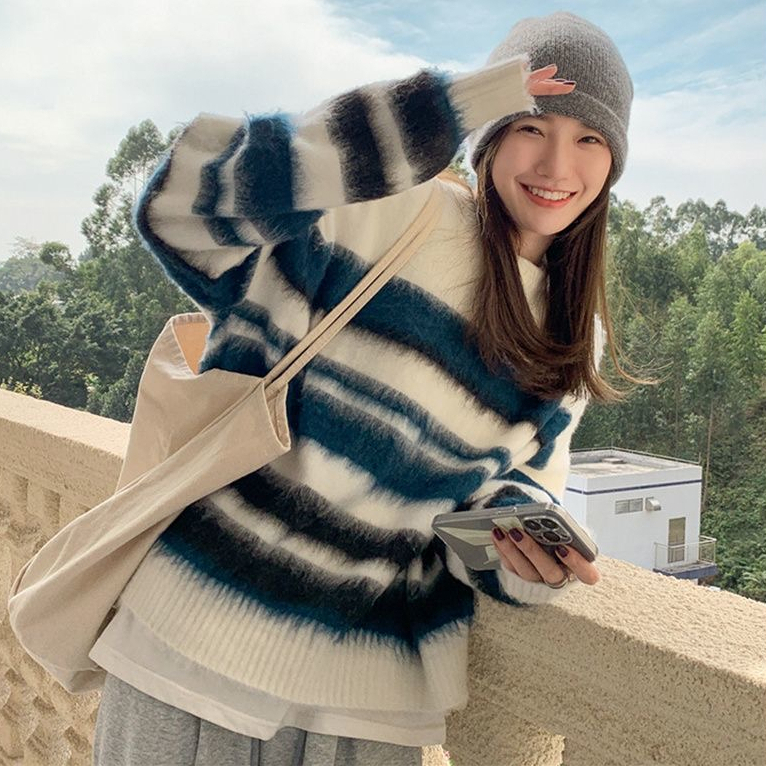 條紋毛衣女秋冬季2023新款韓版寬鬆慵懶風套頭針織衫外穿上衣