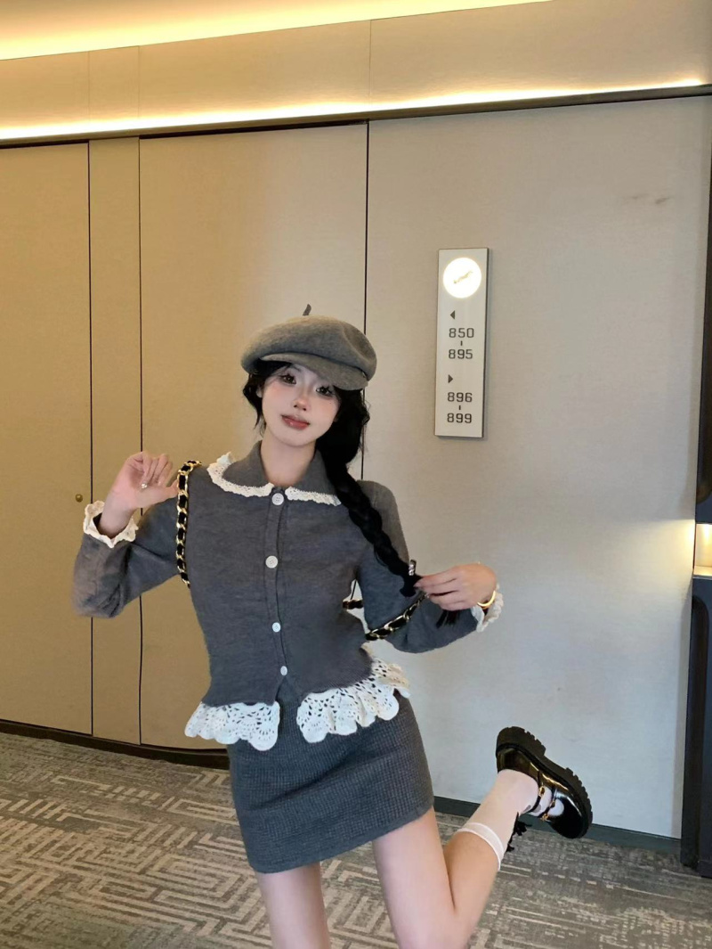 實拍~sst系少女感 可拆卸重工手工鈎花羊毛針織衫短裙套裝