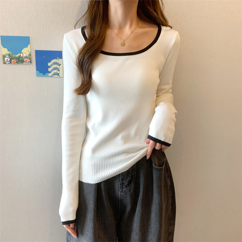 Square neck knitted bottoming shirt for women autumn and winter 2023 new pure desire long-sleeved T-shirt slim fit inner shoulder top