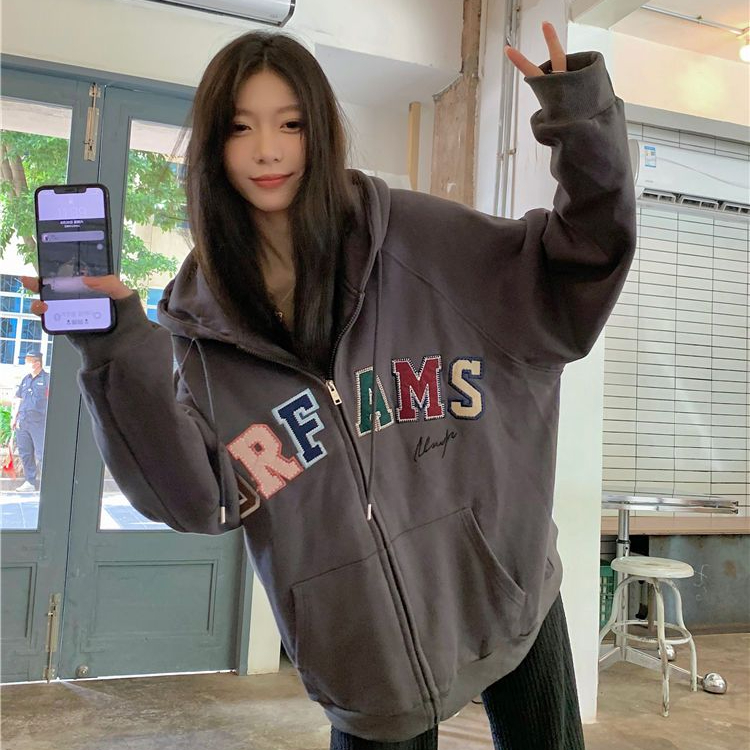 Chinese cotton composite super soft 330g loose zipper cardigan new design niche colorful retro letter cap