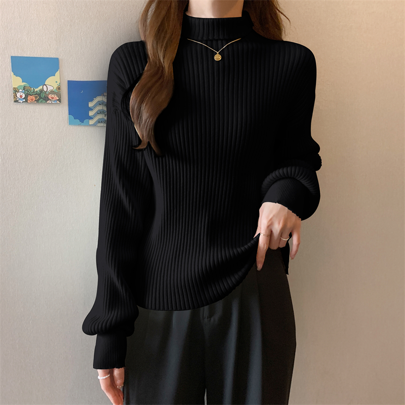 White half turtleneck knitted bottoming shirt for women autumn and winter 2023 new warm sweater solid color long-sleeved loose top