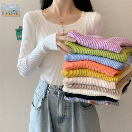 Core Spun Yarn#Real Shot New Square Neck Bottoming Sweater Women's Spring and Autumn Slim Long Sleeves Inner Sweater