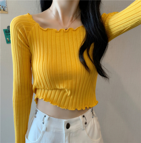 Bingsi#Real Shot  New Short Tops Slim Long Sleeve Bottoming Sweaters Women's Spring and Autumn Thin Style