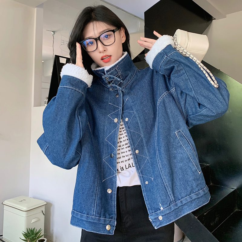 Real shot!  Lamb wool denim jacket for women winter loose bf short thickened cotton jacket street motorcycle jacket