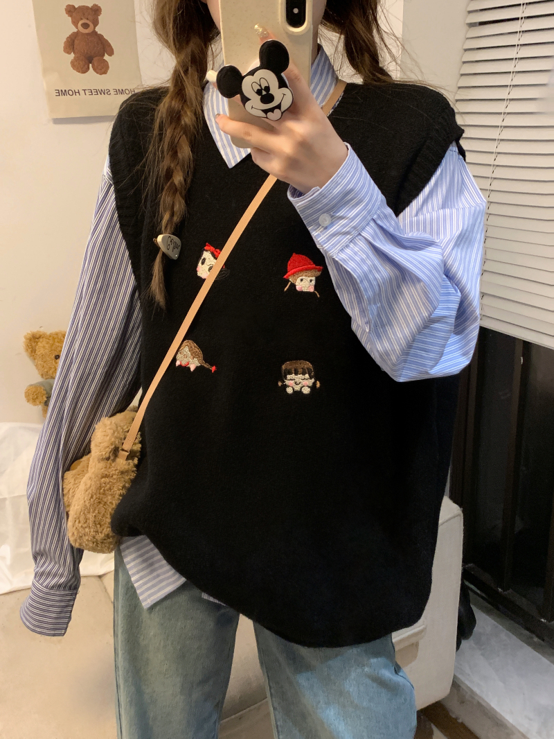 實拍 日系甜美白雪公主立體刺繡寬鬆疊穿無袖毛衣馬甲背心