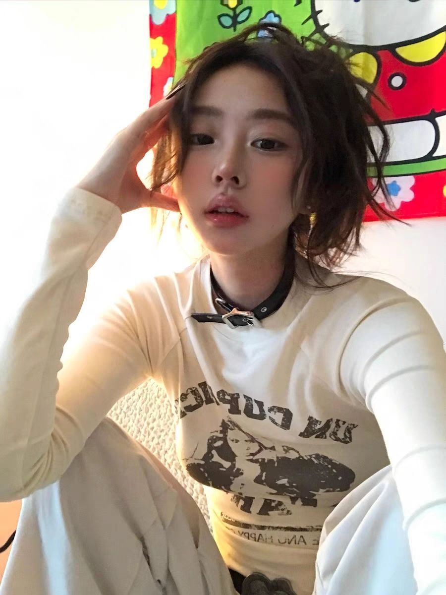 美式長袖t恤女秋新款印花修身顯瘦打底衫辣妹短款上衣