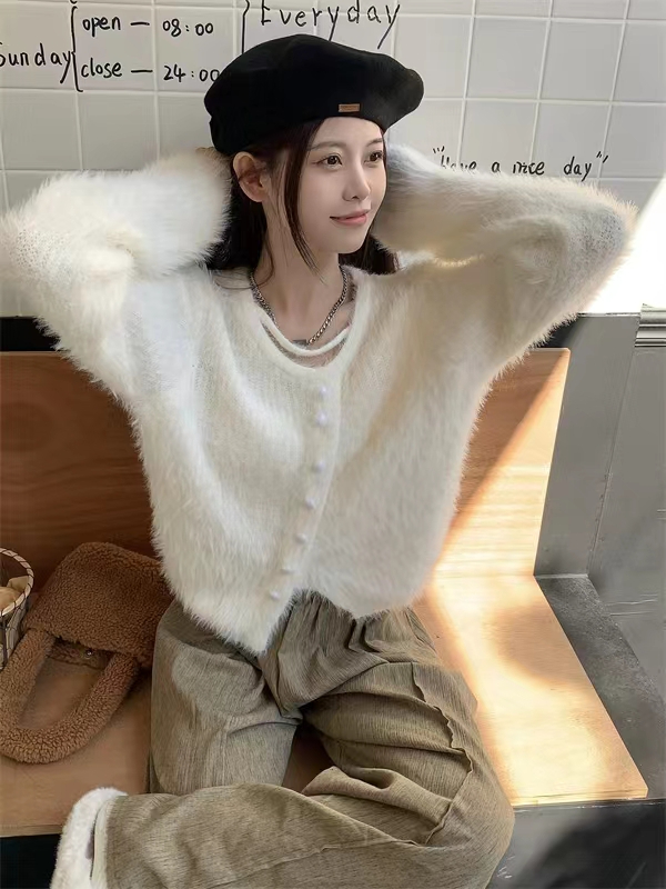 不規則小心機軟糯水貂毛外套毛衣女秋冬寬鬆溫柔風長袖上衣
