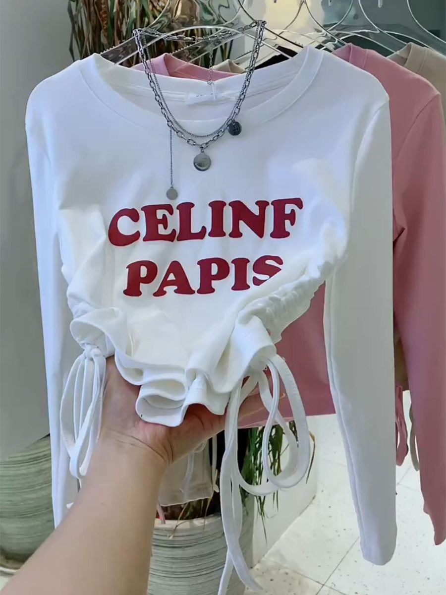Irregular drawstring letters short autumn long-sleeved T-shirt slim right shoulder sweet and spicy T-shirt top