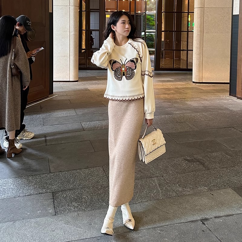 秋冬季2023新款氣質減齡刺繡蝴蝶衛衣女配極簡時尚衛衣