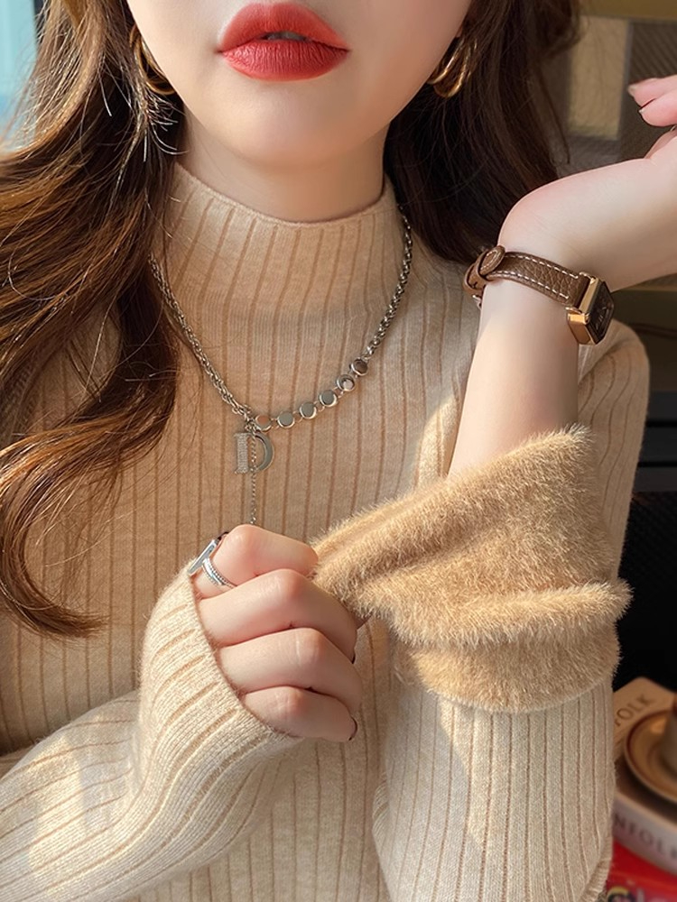 Thick velvet half turtleneck knitted bottoming shirt for women in autumn and winter, high-end warm long-sleeved mink velvet sweater