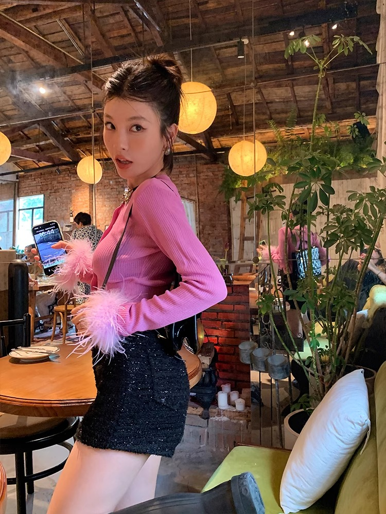包芯紗 鴕鳥毛防曬針織開衫女2023秋季新款顯瘦辣妹短款打底上衣