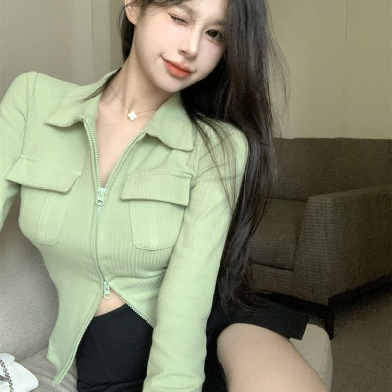 修身上衣長袖外穿小開衫女甜辣設計感打底短款POLO拉鏈打底上衣