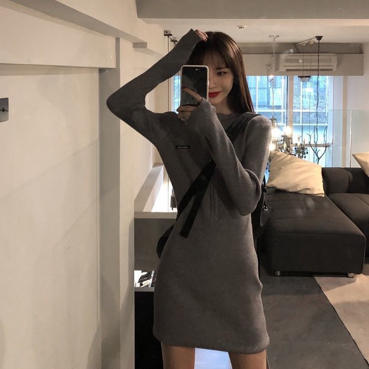 Slim and slim fashionable threaded gray skirt for women 2023 spring and autumn hot girl versatile long-sleeved dress