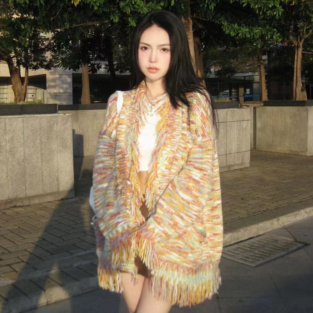 冬裝新款大碼女裝慵懶風彩虹流蘇設計復古針織開衫百搭大板型上衣