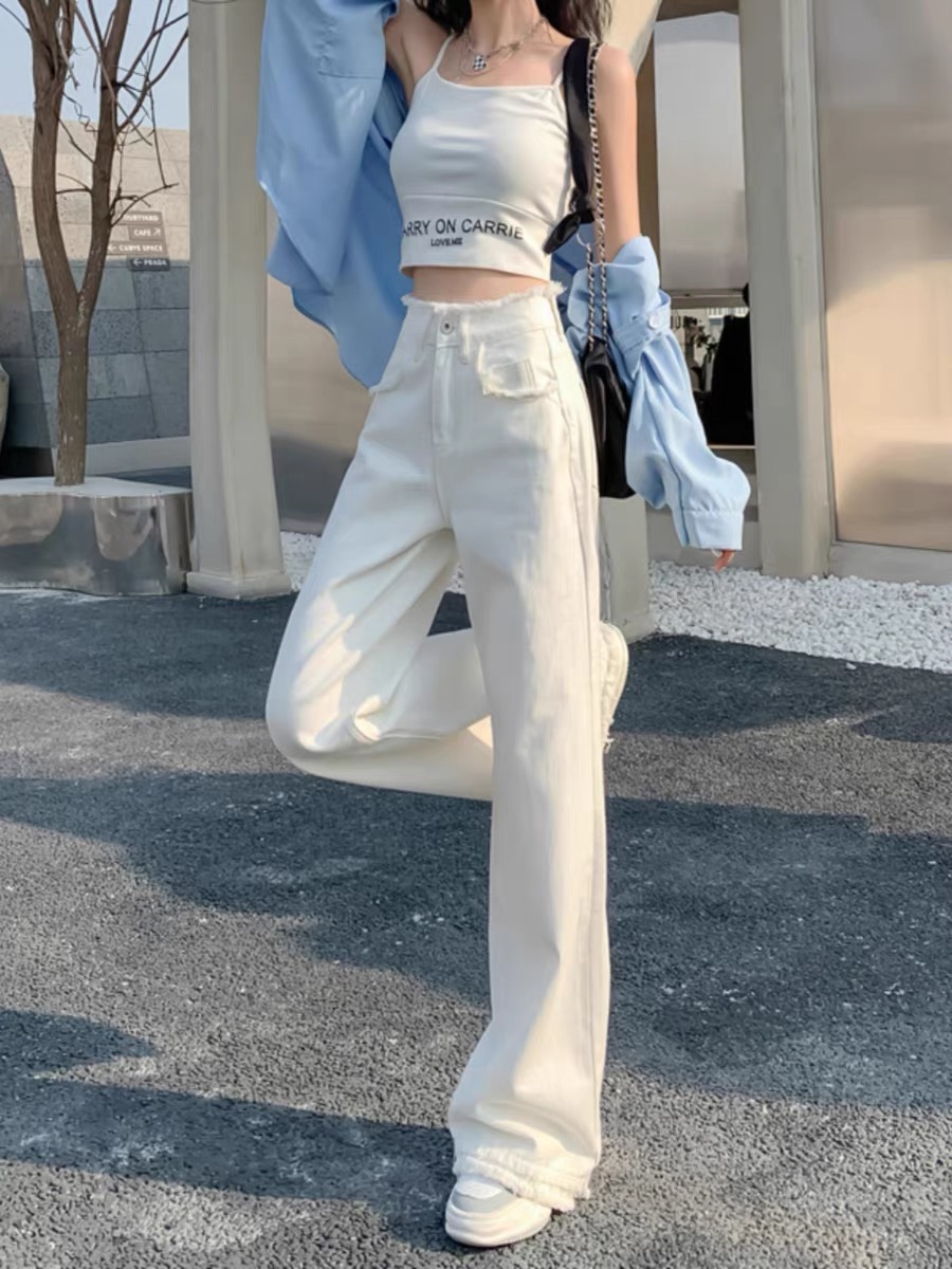 白色高腰毛邊直筒牛仔褲女2023年春秋新款設計感小眾闊腿拖地褲子